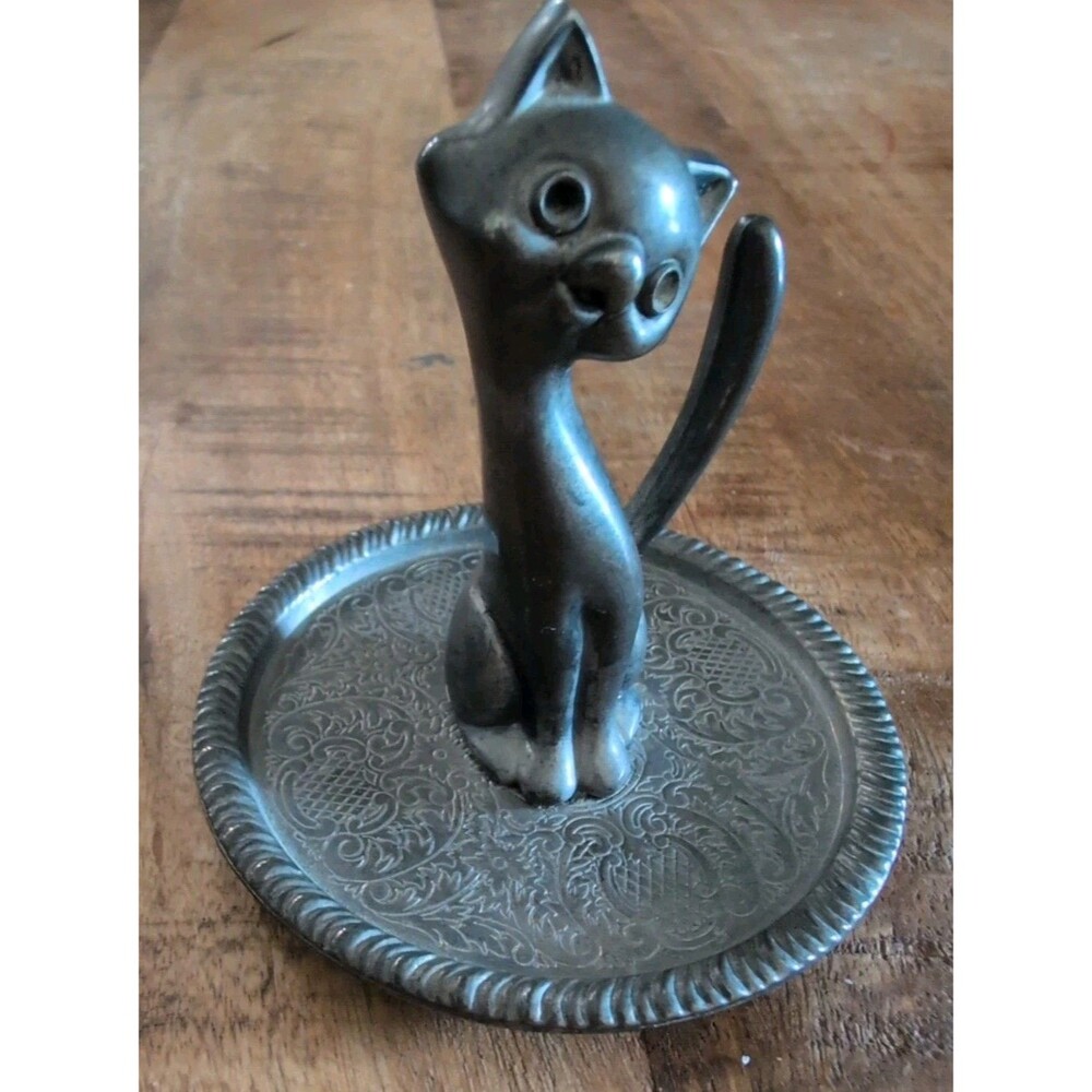 Vintage Cat Kitten EP Zinc Alloy Silver Ring Holder Trinket Tray Collectable